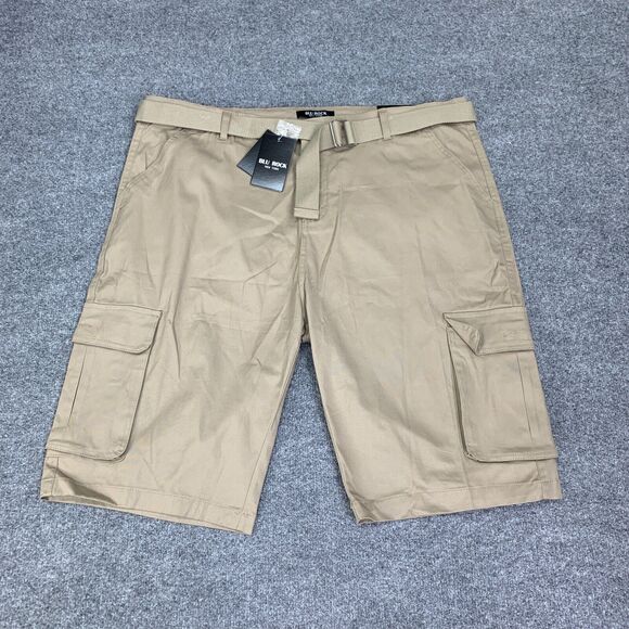 Blu Rock Shorts Mens 42 Khaki Cotton Blend 4 Way Stretch Cargo Pockets Belted - Picture 2 of 13